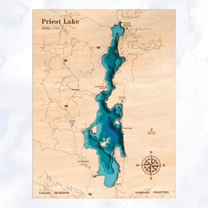 Mappa topografica di Priest Lake, Idaho, incisa e dipinta / Decorazione per la casa fatta a mano / Regalo locale dell'Idaho / Regalo di inaugurazione della casa unico