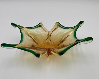 Vintage Art Deco Hand Blown Glass Bowl, Amber/Clear, Green Edge