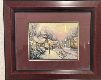 2002 Thomas Kinkade 'Village Christmas' Print, 14x17, Cert Auth, Velvet Back