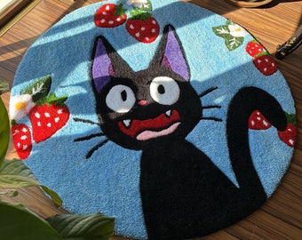Black Cat Anime Tufted Rug / %100 Handmade