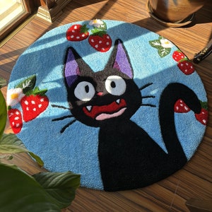 Black Cat Anime Tufted Rug / %100 Handmade