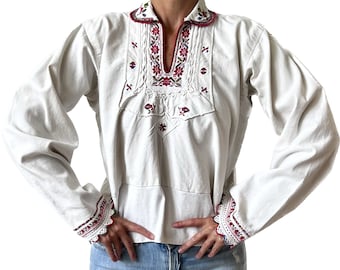 Vintage Romanian Peasant Blouse, Handwoven Hemp, Maramureș Folk Embroidery