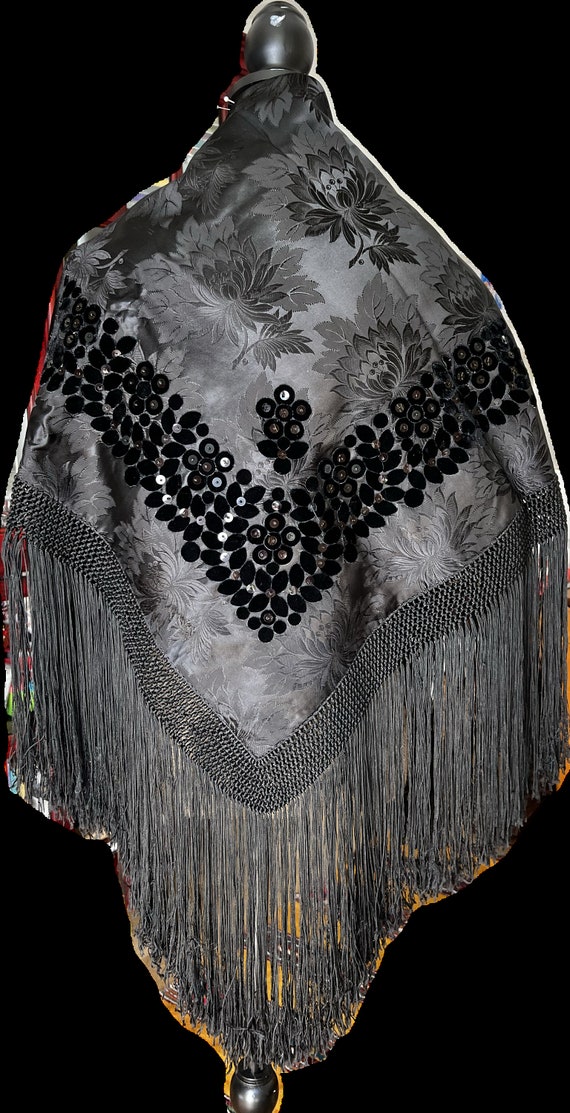 Vintage Black Hungarian Folk  Silk Shawl with Sequ