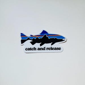 May include: A die-cut sticker shaped like a fish with a mountain range silhouette inside. The design features horizontal stripes of blue and orange above a black mountain outline. The text catch and release is printed in black below the fish.