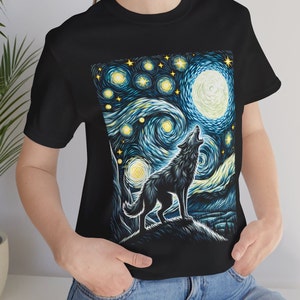 Camiseta unisex con diseño de lobo aullando de Van Gogh, pintura artística icónica, cielo nocturno