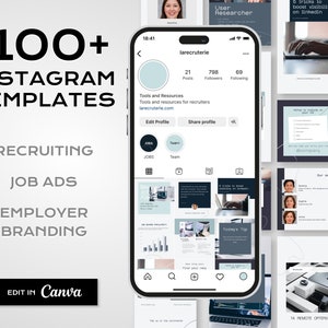 TECH - 100+ Instagram templates for recruiters, job ads, employer branding, HR teams | Editable in Canva | Clean, minimalist design