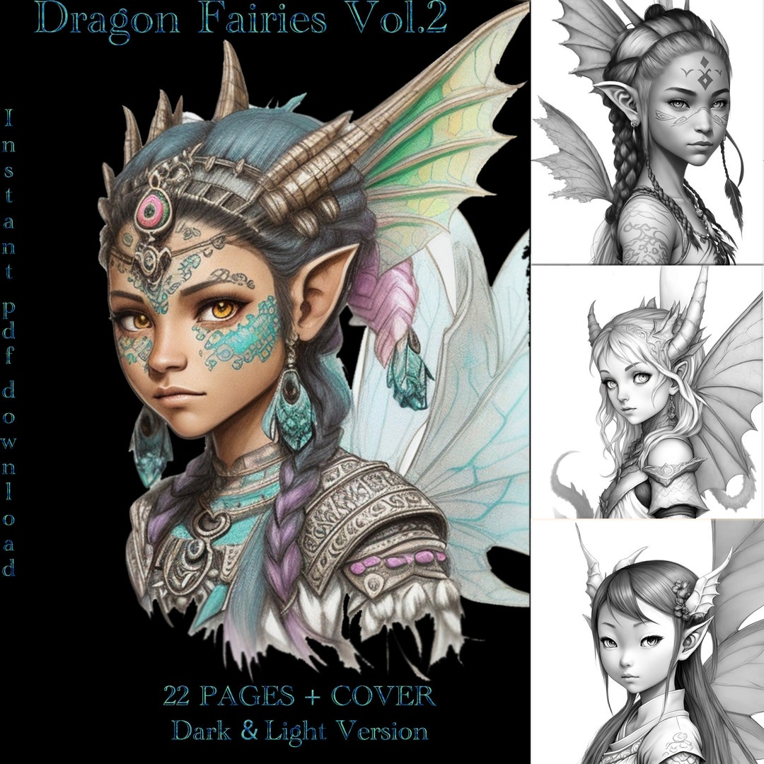 Dragon Fairy Girls Fantasy Coloring Vol. 2 Adults & Kids Grayscale ...