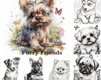 Puppy Coloring Book | Adult & Kids, Grayscale/sketch coloring pages - printable PDF