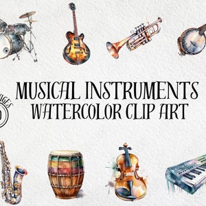 Watercolor Music Clipart, Music PNG, Musical Instruments Clipart, Clip Art, Music Art, PNG, Music Sublimation, Digital Download, Instruments