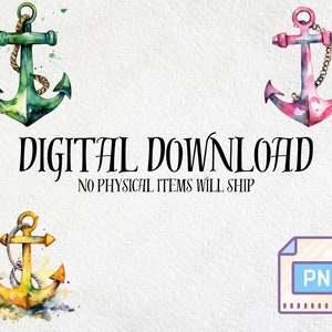 Puede incluir: Anclas de acuarela en verde, rosa y dorado con detalles de cuerda y cadena. La imagen incluye el texto "DESCARGA DIGITAL" y "NO SE ENVIAR&Aacute;N ART&Iacute;CULOS F&Iacute;SICOS" junto con un icono de archivo PNG.