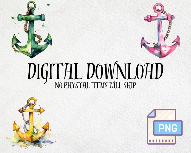Puede incluir: Anclas de acuarela en verde, rosa y dorado con detalles de cuerda y cadena. La imagen incluye el texto "DESCARGA DIGITAL" y "NO SE ENVIAR&Aacute;N ART&Iacute;CULOS F&Iacute;SICOS" junto con un icono de archivo PNG.