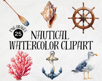 Watercolor Nautical Clipart Bundle: Coastal Decor PNG Images Digital Download
