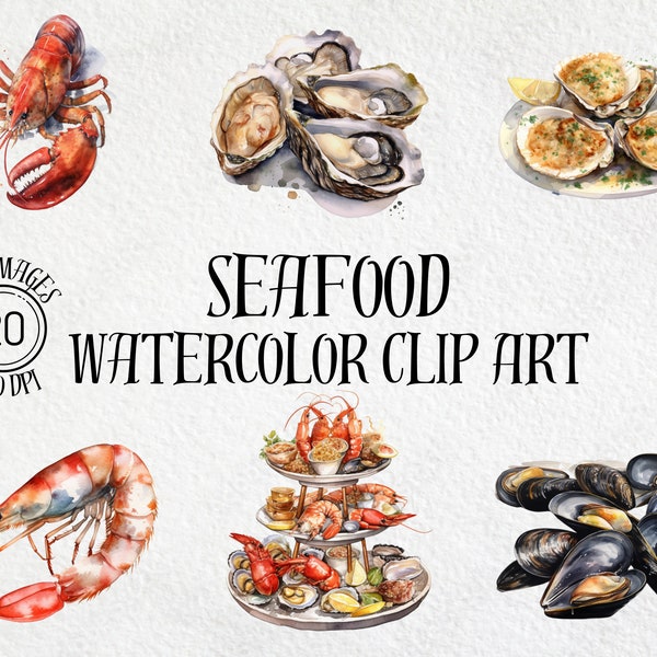 Seafood Watercolor Clipart Bundle, Seafood Clipart, Seafood PNG, Food Clipart, Digital Download, PNG, Commercial Use, Instant Download