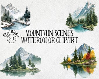 Akvarell berg Clipart-paket: Naturscener, PNG-filer (digital nedladdning)