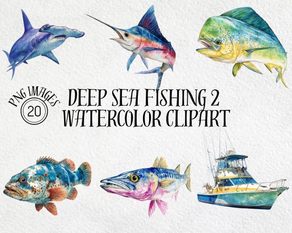 Watercolor Deep Sea Fishing Clipart: Nautical PNG Images (Digital Download)   watercolor clip art