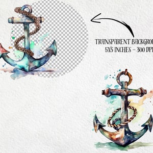 Puede incluir: Ilustraci&oacute;n en acuarela de un ancla con una cuerda enrollada. El ancla es en tonos de azul, verde y marr&oacute;n con acentos rojos. Tambi&eacute;n es visible el texto "TRANSPARENT BACKGROUNDS 5x5 INCHES - 300 DPI".