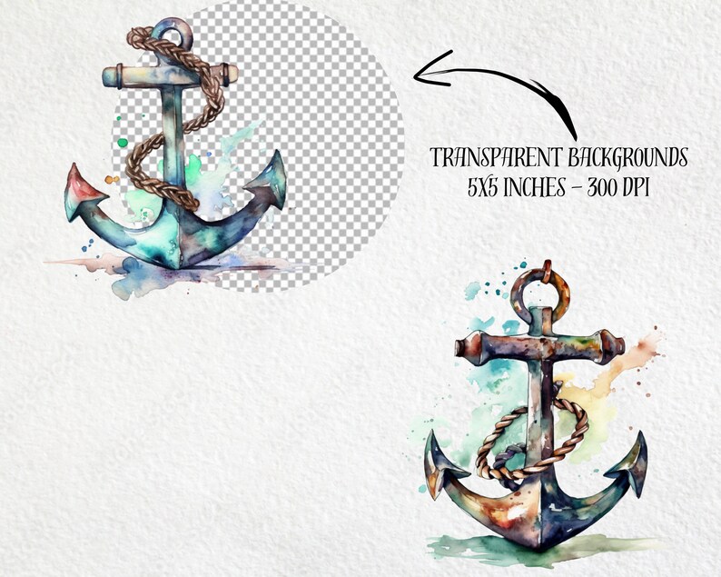 Puede incluir: Ilustraci&oacute;n en acuarela de un ancla con una cuerda enrollada. El ancla es en tonos de azul, verde y marr&oacute;n con acentos rojos. Tambi&eacute;n es visible el texto "TRANSPARENT BACKGROUNDS 5x5 INCHES - 300 DPI".