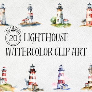 Könnte beinhalten: Aquarell-Clip-Art mit 20 Leuchtturm-Illustrationen. Die Leuchttürme sind in verschiedenen Farben dargestellt, darunter Rot, Weiß und Blau, einige mit Streifenmustern. Jeder Leuchtturm hat ein einzigartiges Design und ist vor einem weißen Hintergrund platziert.