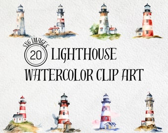 Puede incluir: Ilustraciones de 20 faros en acuarela. Los faros se representan en varios colores, incluyendo rojo, blanco y azul, algunos con patrones de rayas. Cada faro tiene un diseño único y se encuentra sobre un fondo blanco.