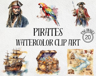Imágenes prediseñadas de acuarela pirata, paquete PNG náutico (20 imágenes) (descarga digital)
