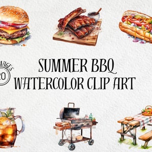 Summer Watercolor Clip Art Bundle, BBQ svg, Summer Clip Art, Barbecue svg, Grill, hamburger, hotdog, Digital Download, Commercial Use,