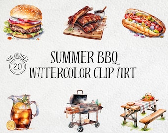 Paquete de imágenes prediseñadas de acuarela de barbacoa de verano, SVG de parrilla (descarga digital)