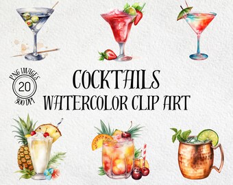 Cocktail Watercolor Clipart Bundle, Tropical Drinks (Digital Download)