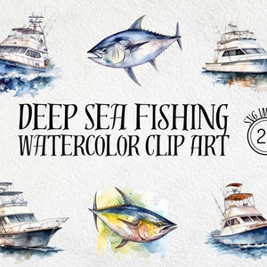 Deep Sea Fishing Clip Art, Watercolor Clipart, Fishing SVG, Deep Sea Fishing svg, Boat svg, Saltwater Fishing, Nautical svg, Clip Art