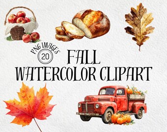 Fall Watercolor Clipart Bundle: Pumpkins, Leaves, Pies (PNG Digital Download, 20 Images, 5x5 in