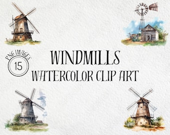 Paquete de imágenes prediseñadas de molinos de viento en acuarela: diseños PNG de estilo rústico (descarga digital, uso comercial)