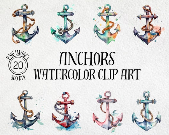 Watercolor Anchor Clipart Bundle, Nautical PNG Images (Digital Download)