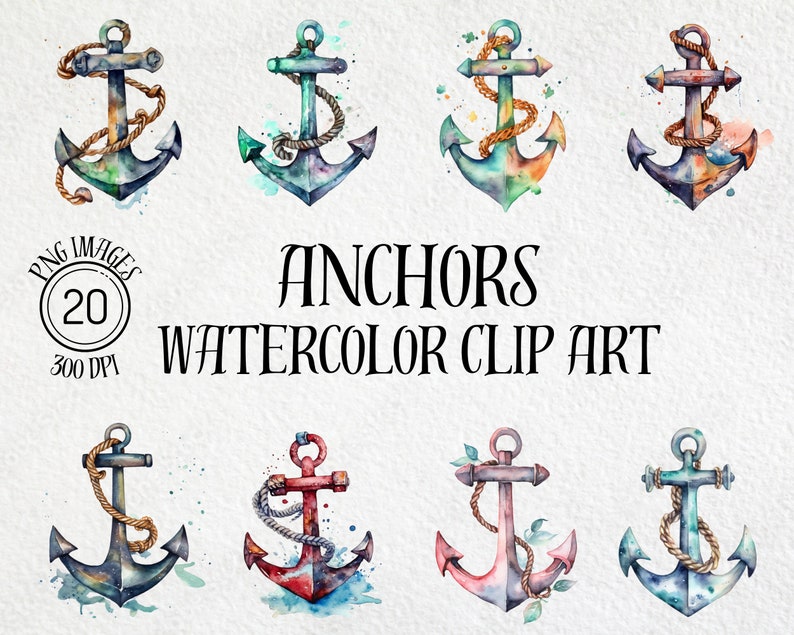 Puede incluir: Clip art de acuarela con ocho anclas en varios colores, incluyendo azul, verde y rojo. Cada ancla est&aacute; detallada con cuerda y salpicaduras de acuarela. El texto dice "ANCHORS WATERCOLOR CLIP ART".