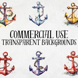 Puede incluir: Ilustraciones de acuarela de anclas en varios colores, incluyendo rojo, azul y dorado, con cadenas adjuntas. El texto "COMMERCIAL USE TRANSPARENT BACKGROUNDS" se muestra debajo de las anclas.