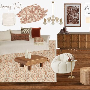 May include: A living room interior design featuring a beige sofa, a brown wooden coffee table, a white fluffy armchair, a brown wooden cabinet, a rug with a geometric pattern, and a gold chandelier. The text "A Warming Touch" is in the top left corner of the image. The text "Honeydew Interiors" is in the top right corner of the image.