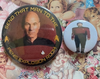 bald space guy and bearded companion 58mm and 32mm pin set