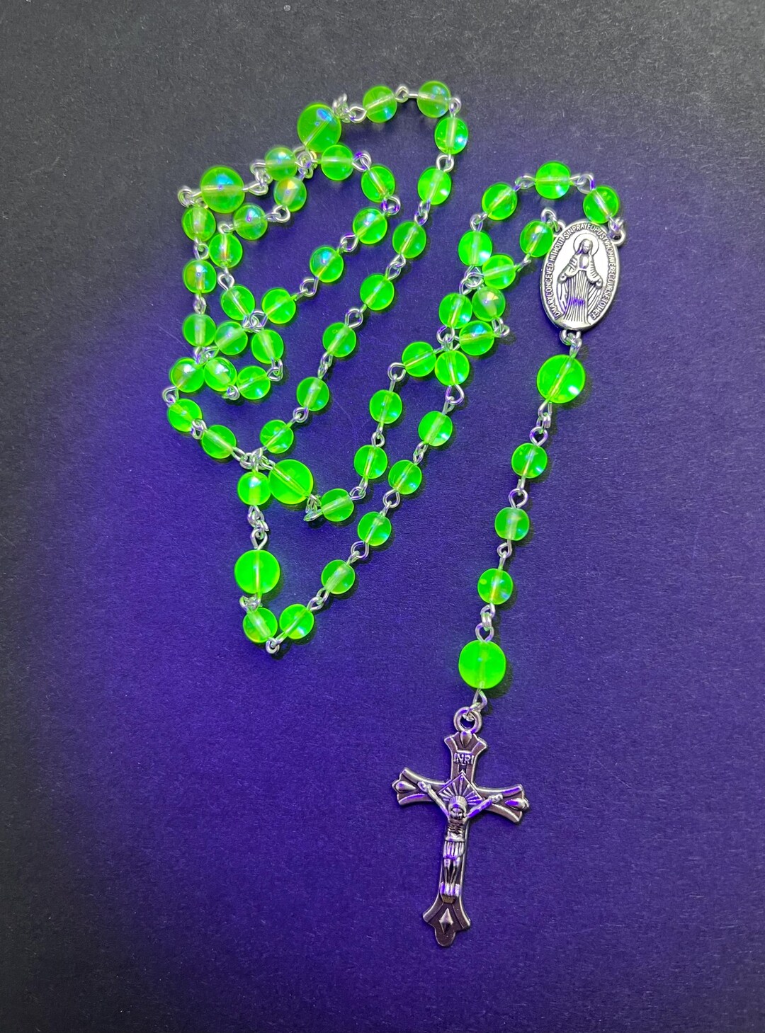 Miniature Uranium Glass Rosary - 5 Inch Vaseline Glass Baby Rosary Hand Beaded