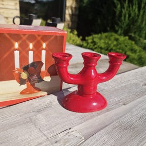 Vintage Scandinavian Red Porcelain Candleholder: Holds 3 Taper Candles