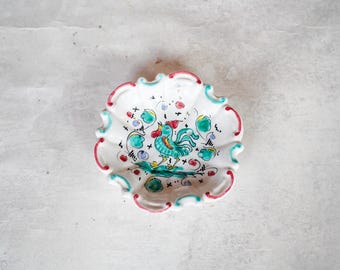 Assiette vintage en majolique italienne - Giuseppe Chiurato Roma - Motif coq peint à la main - Plat décoratif 10 cm