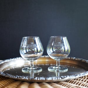 Martell Cognac Brandy Balloon Glasses – Set of 2 – Etched Logo – Vintage Collectible Barware