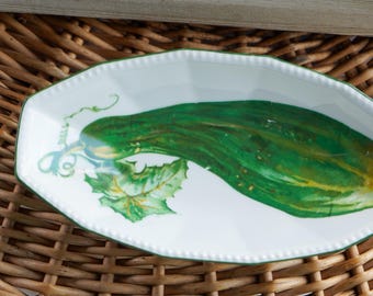 Vintage porseleinen komkommer serveerschaal – handgeschilderd tuinthema