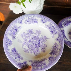 Könnte beinhalten: Weiß-violett gemusterte Teller. Die Teller haben ein detailliertes Blumendesign in Lila mit einem passenden lila Rand. Die Teller stehen auf einer dunklen Holzoberfläche. Im Hintergrund befindet sich eine weiße Vase mit grünen Pflanzen und weißen Blumen.