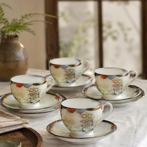 Vintage Japanese Eggshell Porcelain Tea Trio, Hand Painted Crane & Chrysanthemum Teacup Saucer Side Plate Set, Showa Era Kutani Style Decor