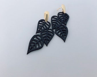 Boucles d'oreilles feuille cuir - Boucles d'oreilles feuille cuir noir