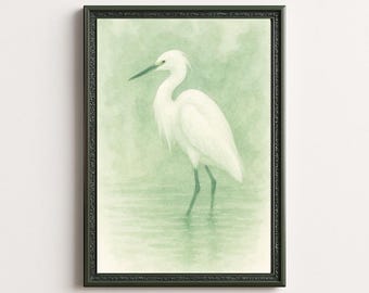 Snowy Egret Watercolor Print, Minimalist Coastal Art (Digital Download)