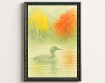 Watercolor Loon Print, Minimalist Autumn Lake Art (Digital Download)