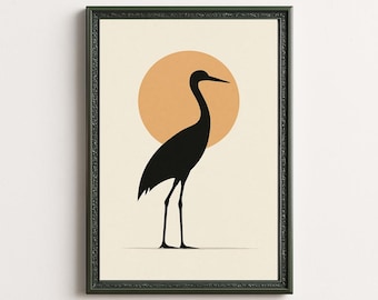 Japandi Crane Print, Minimalist Bird Silhouette, Zen Home Decor (Digital Download)