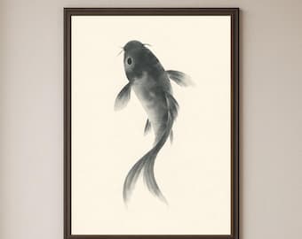 Sumi-e koivissen kunstprint, Japanse inktwas, zen-decor (digitale download)