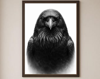 Rabe Wand Kunst Druck, Schwarz und Weiß Vogel Portrait, Gothic Natur Dekor, minimalistisch Digital Download