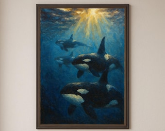 Orca Whale Oil Painting Print, Blue Ocean Wall Art (Digital Download)
