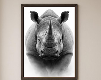 Rhinoceros Wall Art Print, Black and White Animal Portrait, Safari Wildlife Poster, Minimalist Nature Decor (Digital Download)